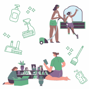 Illustration of families using cleaning supplies at home.