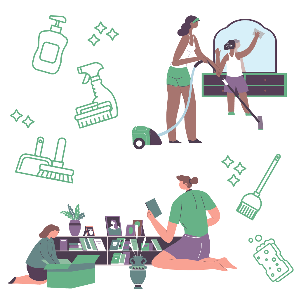Illustration of families using cleaning supplies at home.
